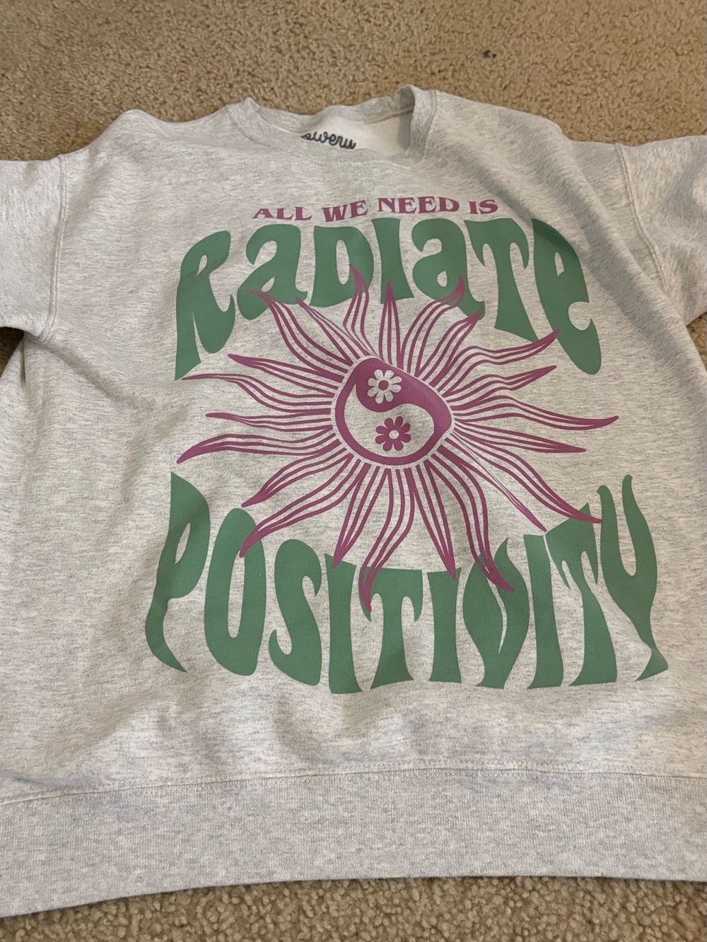 Oversized Radiate Positivity Graphic Sweatshirt - Light Gray, Green & Pink